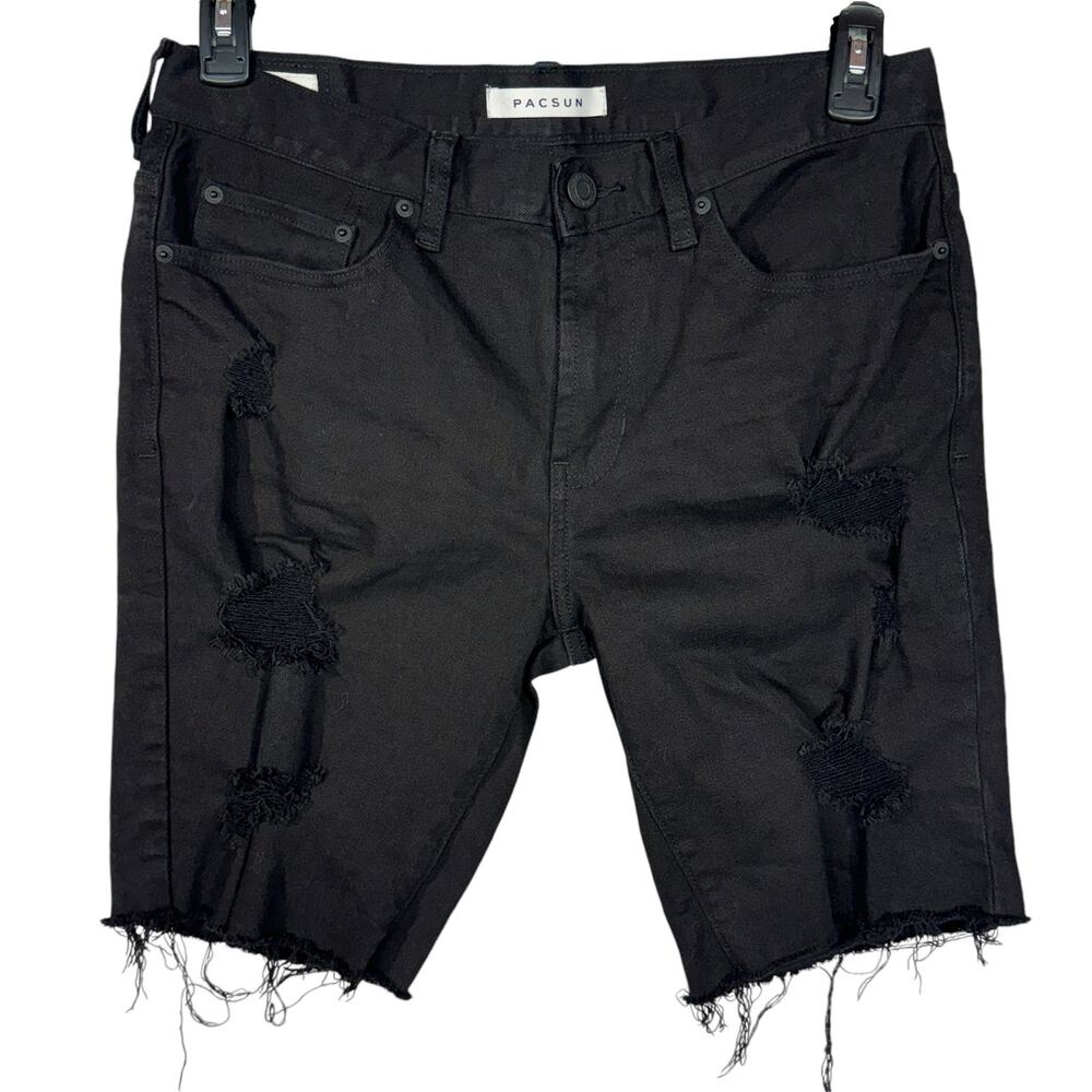 PacSun SZ 31 Skinny Bermuda Jean Shorts Distressed Mid-Rise Frayed Hems Black